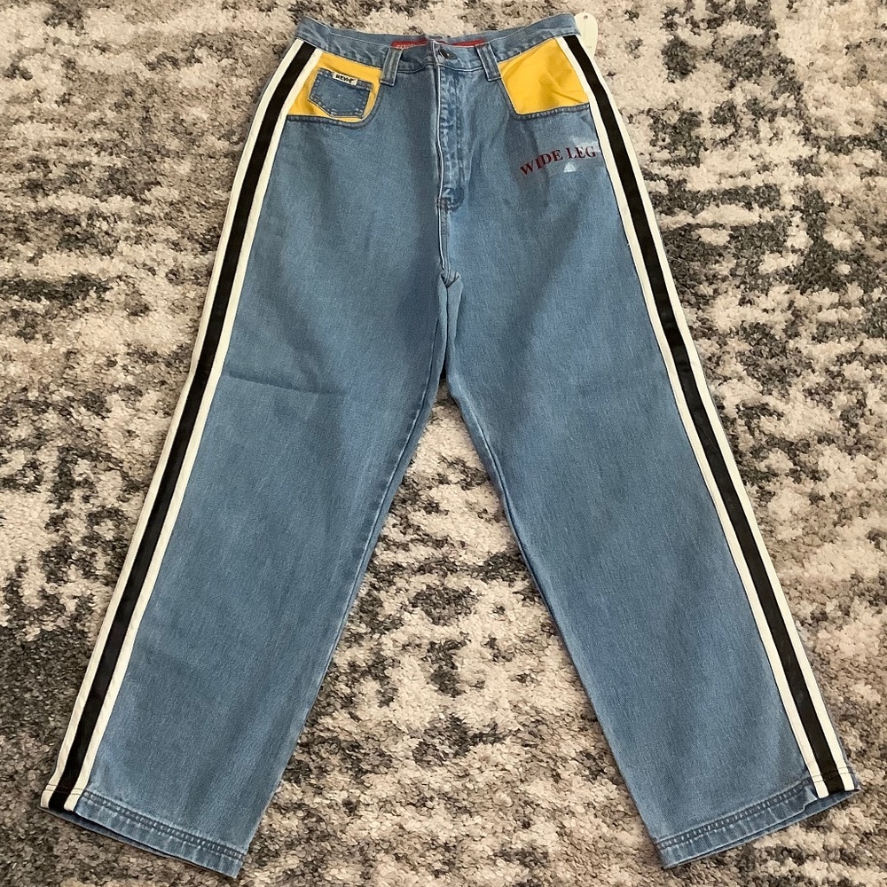 Vintage look 90’s Revolt wide leg denim jeans with stripes. NWT yellow trim